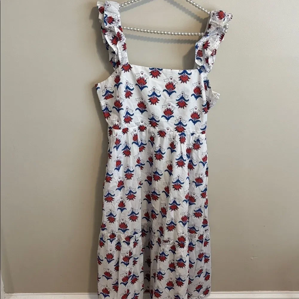 J Crew Factory Square Neck Midi Dress 10 White Red Blue Floral Print Ruffle